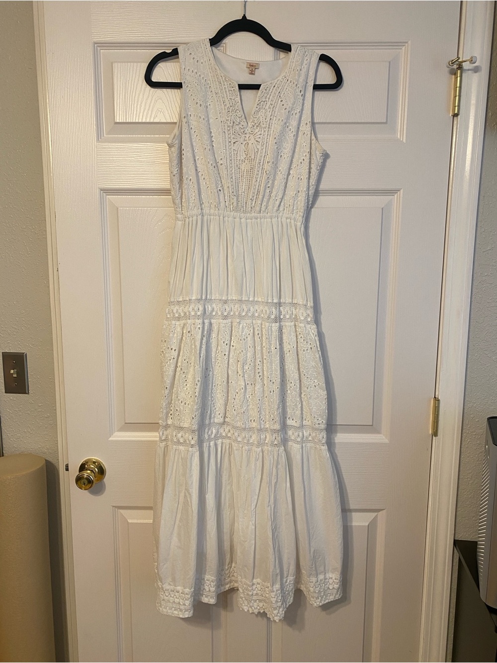 Reba White Eyelet Tiered Midi Dress